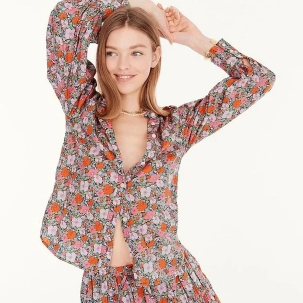 J. CREW WOMEN RUFFLENECK ORGANIC COTTON TOP -LIBERTY® MEADOW SONG